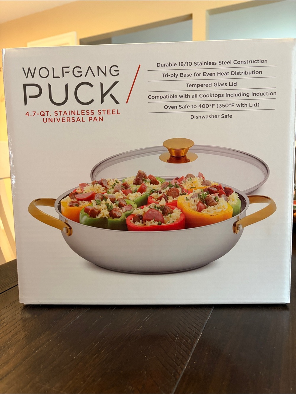 NEVER USED! Wolfgang Puck 4.7-Qt Stainless Steel Pan with Gold Handles and Knob